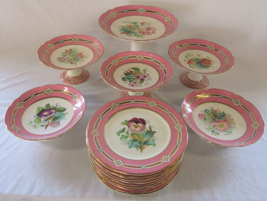 Victorian hand painted floral dessert set consisting of one large tazza / comport H 17 cm, 3