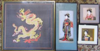Framed silk painting of a dragon 66 cm x 63 cm and 3 Geisha 3d pictures (Geishas all with frame
