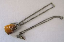 Large silver mounted amber pendant L 8 cm weight 55.3 g on a silver chain weight 37.1 g /1.19