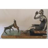 Art Deco spelter figurine of a woman with lambs on marble base L 51.5 cm H 32 cm