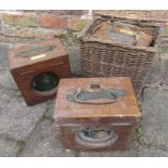 3 Belgica pigeon racing clocks, one with wicker basket (one handle needs reattaching)