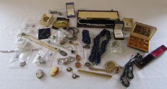 Selection of costume jewellery, watch, compact case inc some silver