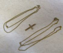 2 9ct gold necklaces L 40 and 36 cm & a 9ct gold cross total weight 3.3 g