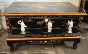 Oriental lacquer TV cabinet with applied mother of pearl decoration