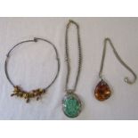 Silver necklace and pendant with green stone (possibly malachite) length of pendant 7 cm total