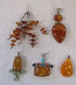 5 silver and amber pendants (large strand pendant L 10 cm, 2 piece amber pendant L 8 cm, single