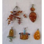 5 silver and amber pendants (large strand pendant L 10 cm, 2 piece amber pendant L 8 cm, single