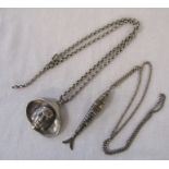 Large silver pendant of a woman in a hat weight 1.08 ozt on a white metal chain & a silver