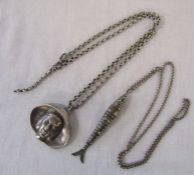 Large silver pendant of a woman in a hat weight 1.08 ozt on a white metal chain & a silver