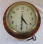 Smiths Empire brass ships clock with wooden mount D 33 cm H 12 cm