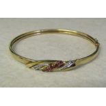 9ct gold ruby and diamond chip bracelet, weight 7.1 g, D 6 cm