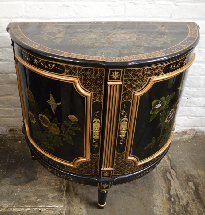 Oriental lacquer bow fronted cabinet on legs W 82cm Ht 82cm