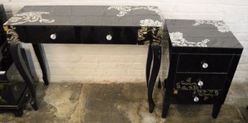 Glass & silvered dressing table & bedside cabinet (crack to dressing table)