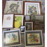 Various prints, paintings inc pair of still life watercolours, signed Ruth Murchison print and a