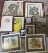 Various prints, paintings inc pair of still life watercolours, signed Ruth Murchison print and a