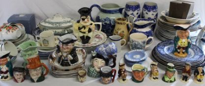 Selection of Toby / character jugs, tableware, blue and white jugs etc. 2 boxes