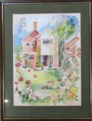 Colin Carr (1929-2002) - framed watercolour of a house and garden with dog in the foreground