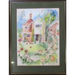 Colin Carr (1929-2002) - framed watercolour of a house and garden with dog in the foreground