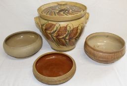 Large Alvingham Pottery lidded pot, Hillstonia stoneware dish & 2 others