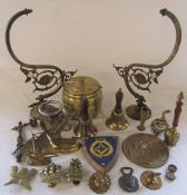 Various brassware inc sconces (gas and piano), door knockers, bells and a biscuit barrel etc