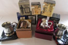 Various boxed pewter and silver plated tankards