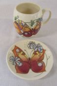 Moorcroft 'butterfly' pattern mug H 9.5 cm and pin dish D 12 cm