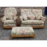 Ercol Renaissance high back two seater sofa (w 127cm), chair (w 74cm) & footstool with scatter