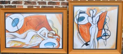 2 large framed hand painted abstracts in the style of Alfred Gockel 123cm by 83 cm & 96cm by 96cm