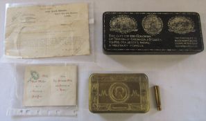 WWI Princess Mary Christmas tin 1914 with Christmas card, letter and cartridge (no pencil) & a WWI