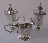 Pair of silver pepper pots Birmingham 1911 & a silver mustard pot with glass lining Birmingham