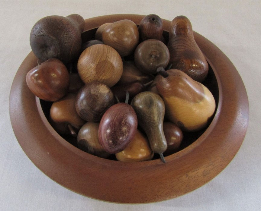 Aultbea woodcraft brazilian mahogany wooden bowl D 27 cm containing various wooden fruits
