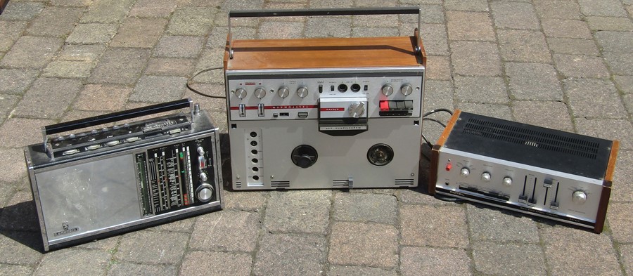 Rotel solid state stereo amplifier RA-610, Magnetophon 204 stereo and a Grundig satellit transistor