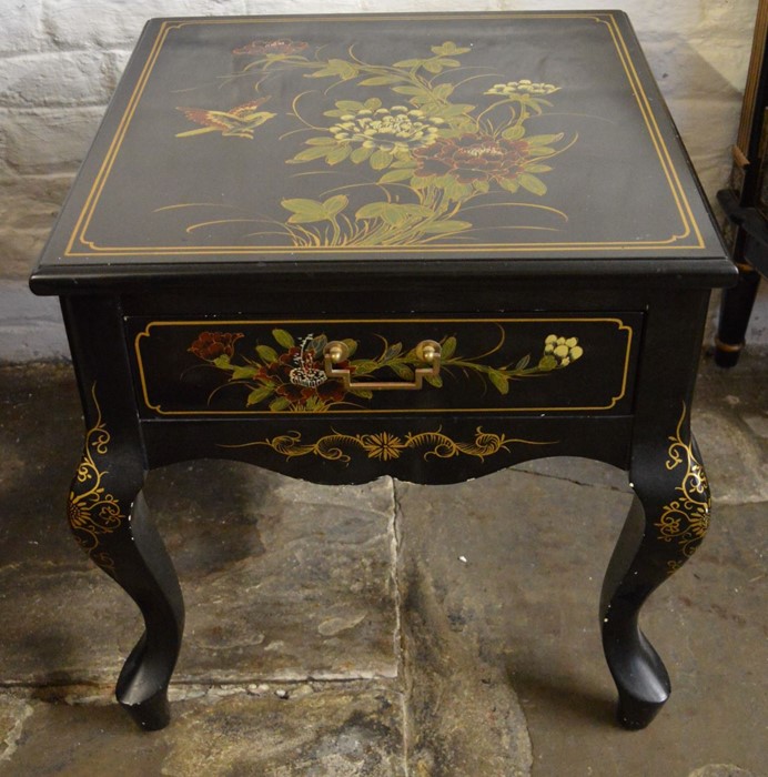 Oriental lacquer cabinet on cabriole legs H55cm Top 51cm by 51cm