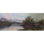 Gilt framed oil on board of a mountainous lakeside scene by J Bryant 132 cm x 68 cm (size