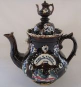 Bargeware teapot 'From W Oakley to Andrew Crawford 1896' H 34 cm (damage to finial spout/needs