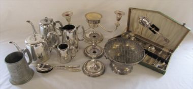 Assorted silver plate inc candlesticks and candelabra & a pewter golfing tankard