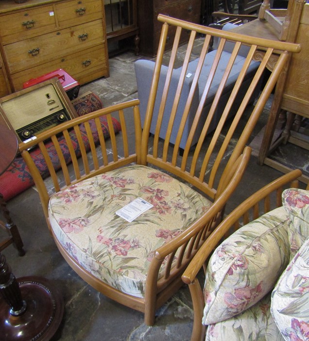 Ercol Renaissance high back two seater sofa (w 127cm), chair (w 74cm) & footstool with scatter - Image 3 of 6