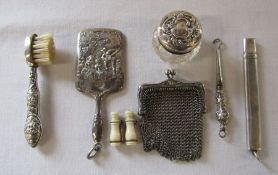 Small silver mirror L 9 cm, button hook and pencil holder possibly for chatelaine, silver lidded