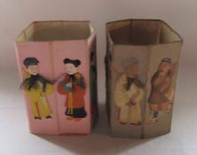 2 sets of Oriental silk figures on board H 25 cm