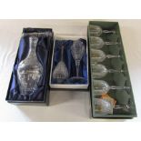 Boxed Stuart crystal decanter with silver label, boxed pair of Royal crystal wine glasses and