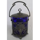 Art Nouveau biscuit barrel with blue glass liner in the style of WMF