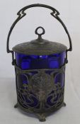 Art Nouveau biscuit barrel with blue glass liner in the style of WMF