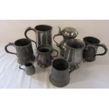 Selection of antique pewter tankards