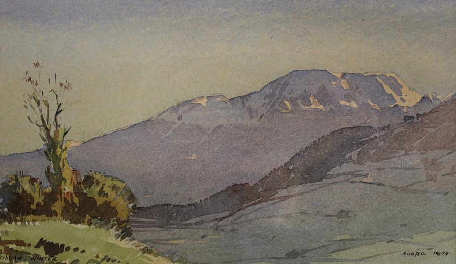 Gilt framed watercolour "Skiddaw, Winter" by Len Roope (1917-2005), dated 1974, 37.5cm x 29cm (