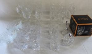 Selection of cut glass drinking glasses, avocado dishes, Carrie Paxton art glass dish etc.