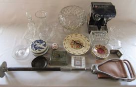 Various glassware, ceramics inc Delft, Bunnykins teaching clock, shooting stick and Mercedes clock