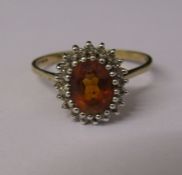 9ct gold diamond chips and citrine cluster ring, size U, total weight 2.9 g