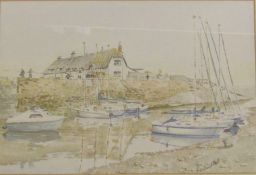 Framed harbour scene watercolour 'Porlock' by Somerset artist Rowland W Hill 54 cm x 43 cm (size