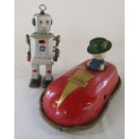 Codeg bumper car (no key) L 23 cm  and a Japanese Sparky robot style clockwork tin toy H 19 cm -