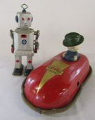 Codeg bumper car (no key) L 23 cm  and a Japanese Sparky robot style clockwork tin toy H 19 cm -